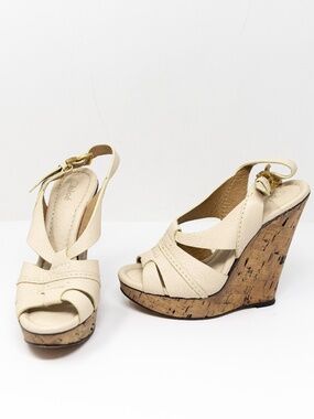Chloe Genuine Leather Open Toe Cork Wedge Platform High Heel Shoed Neutral 7.5